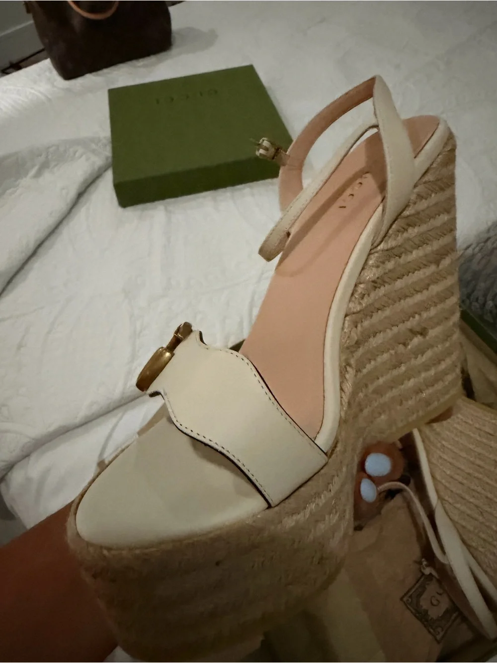 Gucci Cream Leather Espadrille Platform Sandals with Gold Buckle